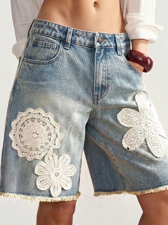 Pants - Western Floral Embroidered Frayed Hem Denim Jeans Shorts Jorts
